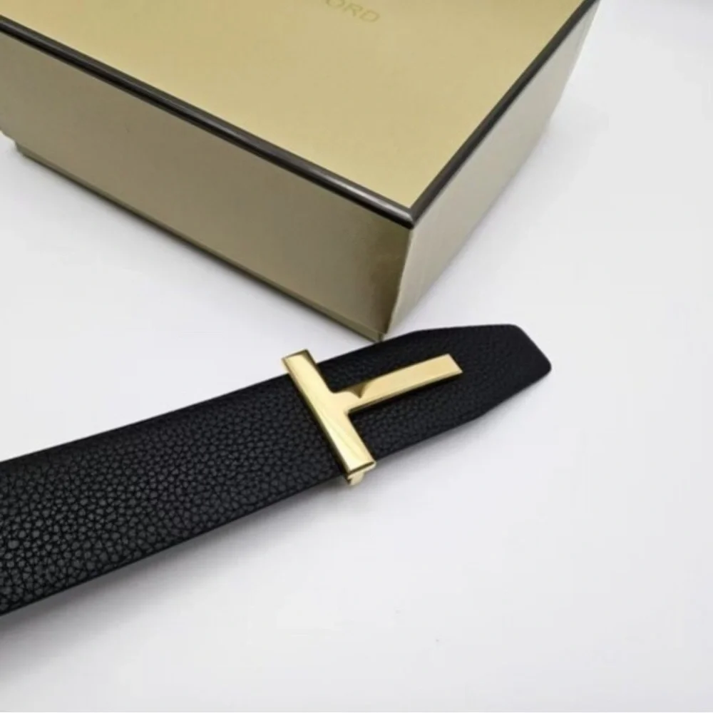 Tom Ford Black Leather Belt with Gold Buckle